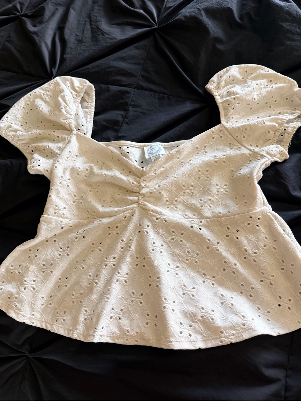 Eyelet Peplum Square-Neck Top in Cream